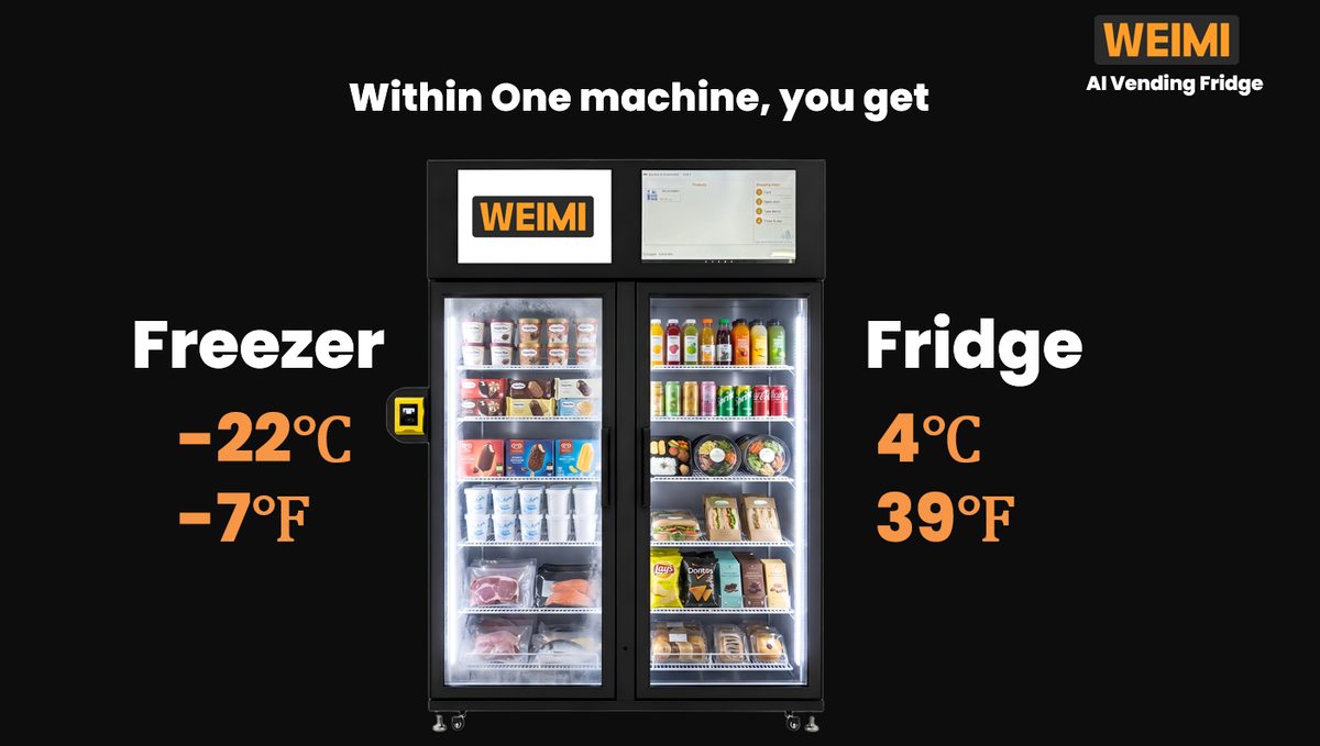 WEIMI dual-temperature AI vending cabinet with freezer and refrigerated compartments