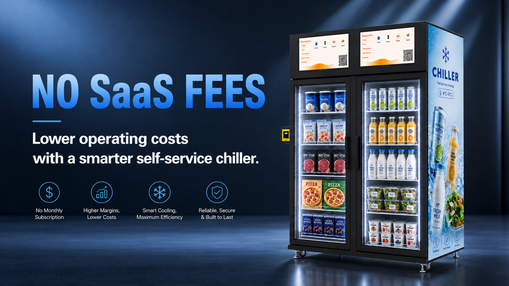 Smart refrigerated vending machine with no SaaS fees, helping operators reduce monthly subscription costs and lower overall operating expenses.