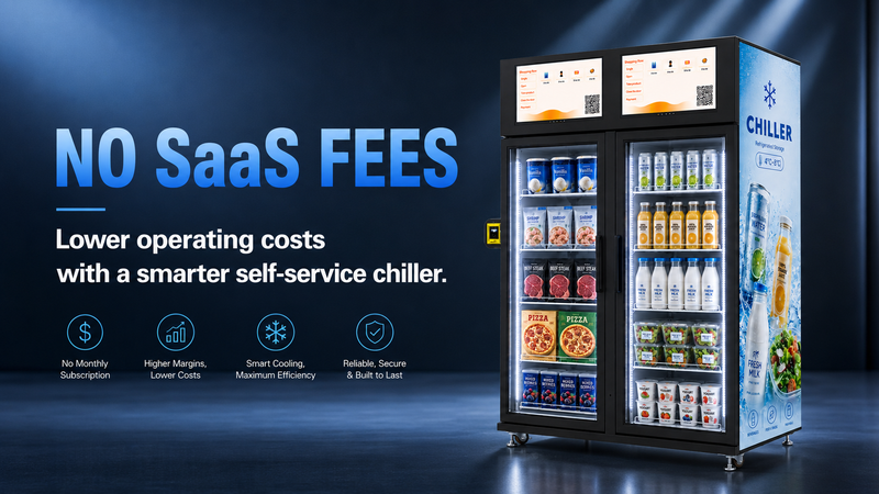 Smart refrigerated vending machine with no SaaS fees, helping operators reduce monthly subscription costs and lower overall operating expenses.