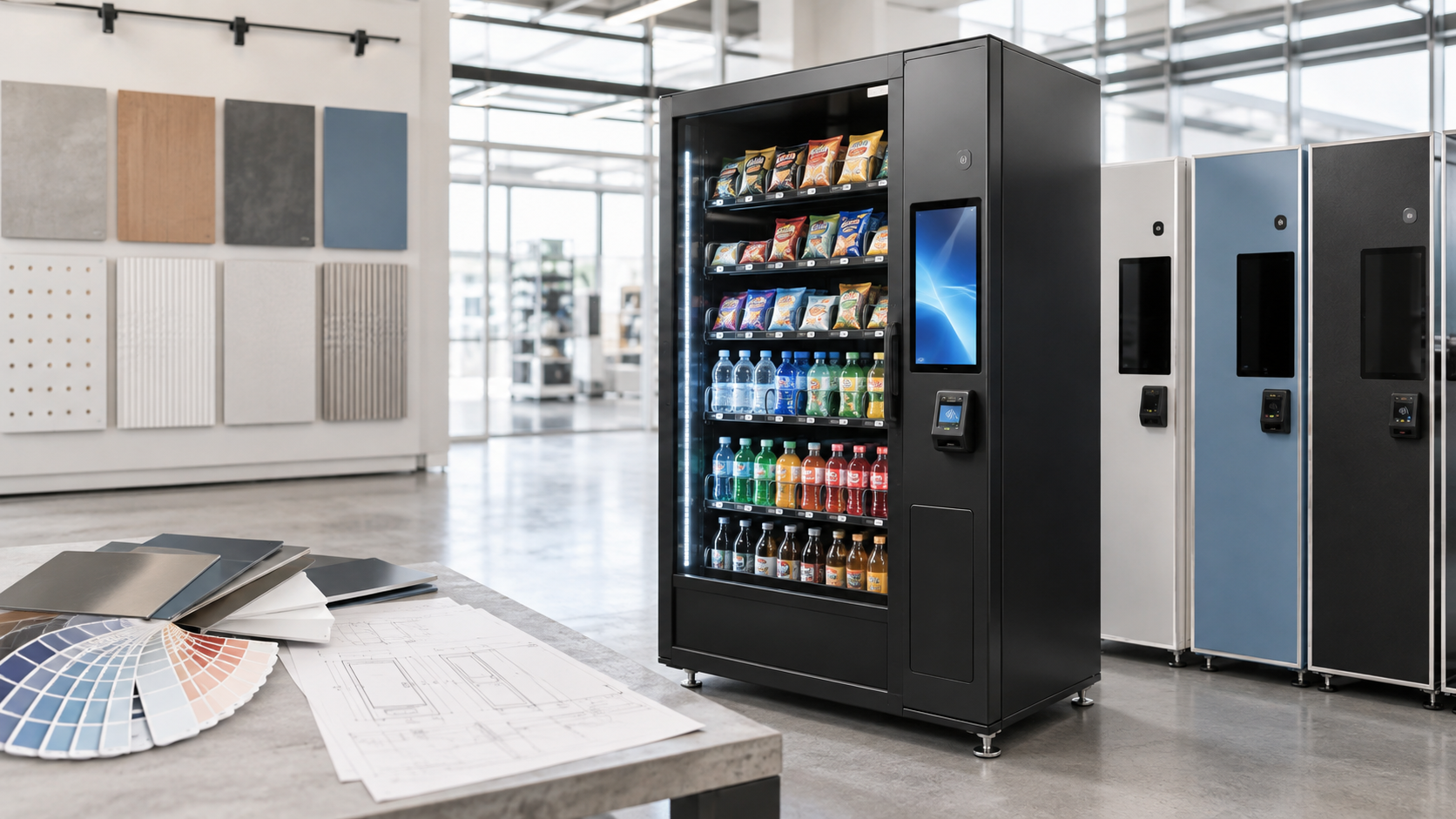 Custom OEM vending machine displayed with multiple cabinet finishes, color samples and technical drawings in a modern design showroom.
