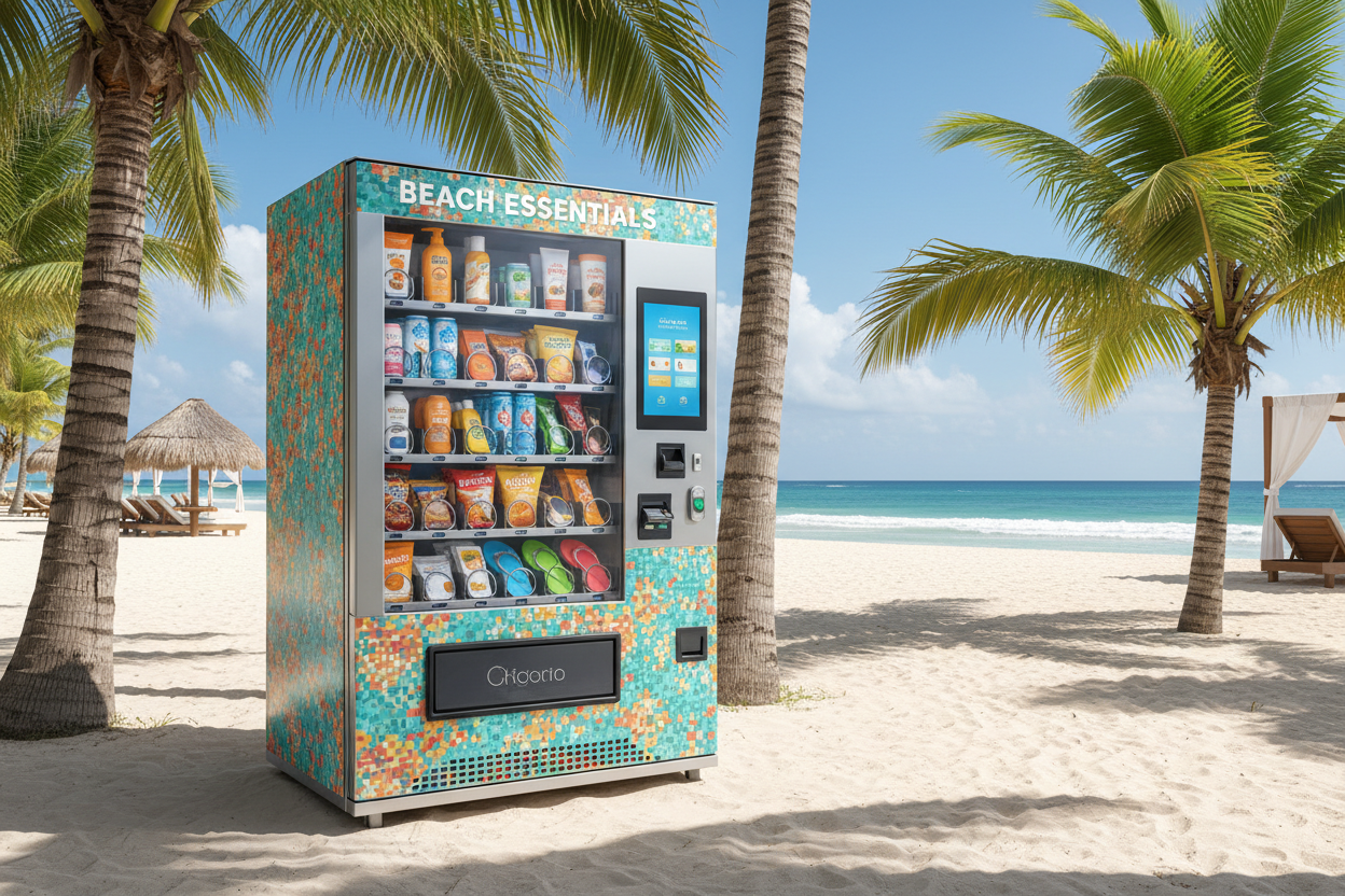 Guide to choosing the right vending machine for a beach resort, including sunscreen dispensers, umbrella rental machines and smart lockers