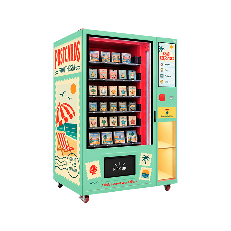 WEIMI souvenir vending machine angled view showing the left-side beach artwork, product shelves and two front display compartments
